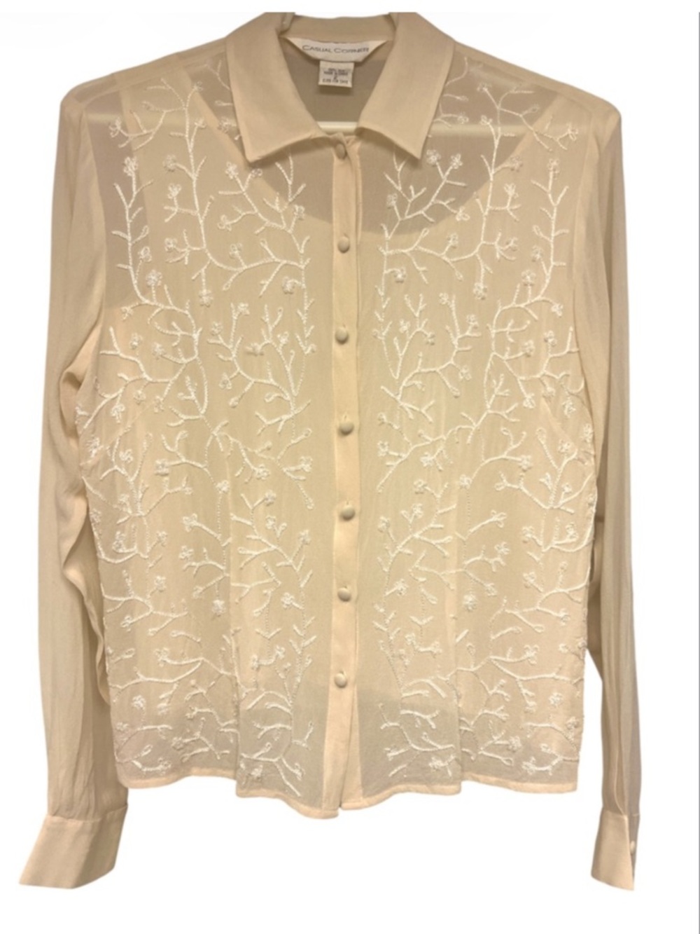 Casual Corner vintage 90’s sheer beaded Cream Embroidered Button-Down Blouse